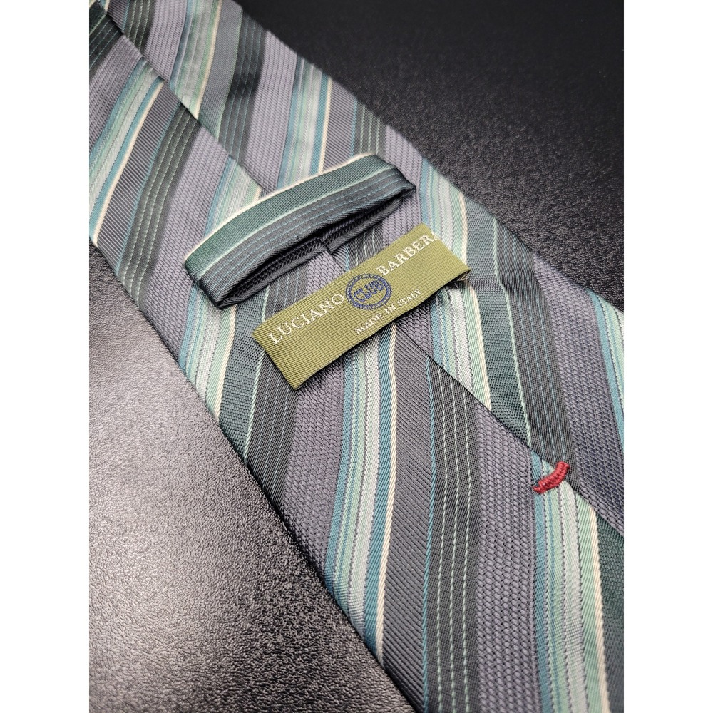 Luciano Barbera Men's Necktie Grey Teal Striped Silk 3.75" x 58" Excellent